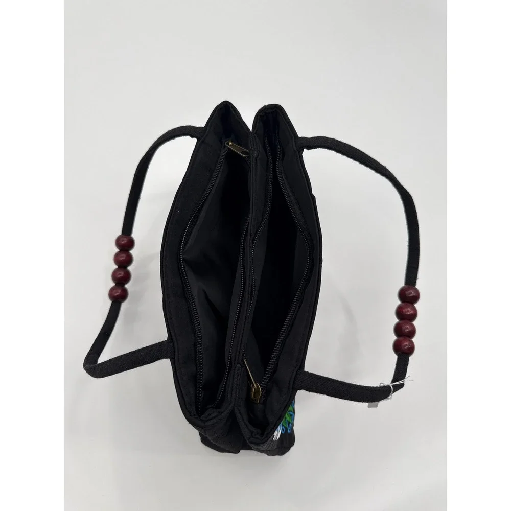 Boho Embroidered Floral Canvas Handbag Black with Wood Bead Handles